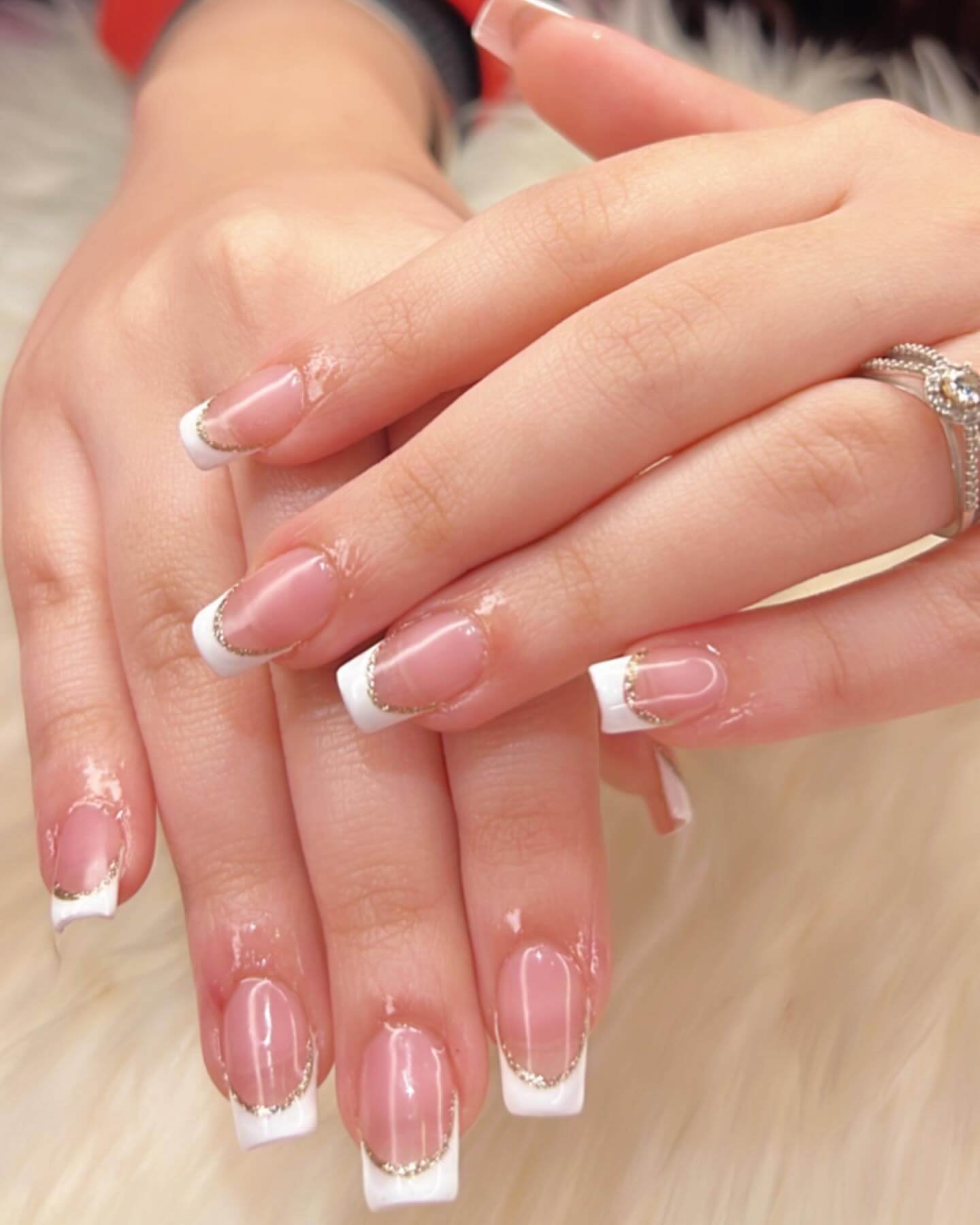 Long Square Nails with Gold Lined French Tips