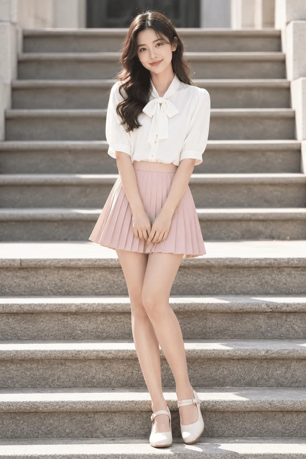 A Blouse With a Bow With a Pleated Mini Skirt Coquette outfit with a bow blouse and pastel pleated mini skirt