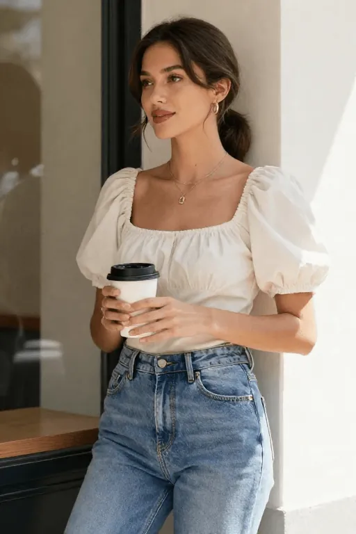 A Puff Sleeve Top With High Waisted Jeans Coquette outfit with a puff sleeve top and high waisted jeans