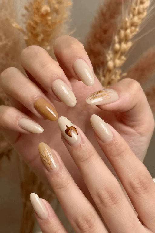 Acorn & Wheat Accents Fall Nail Art with Acorn and Wheat Accents