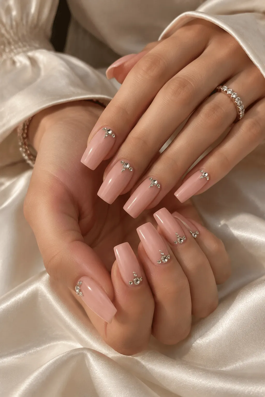 Acrylic Nail Ideas with Rhinestones Nude square acrylic nails with a single rhinestone on each nail