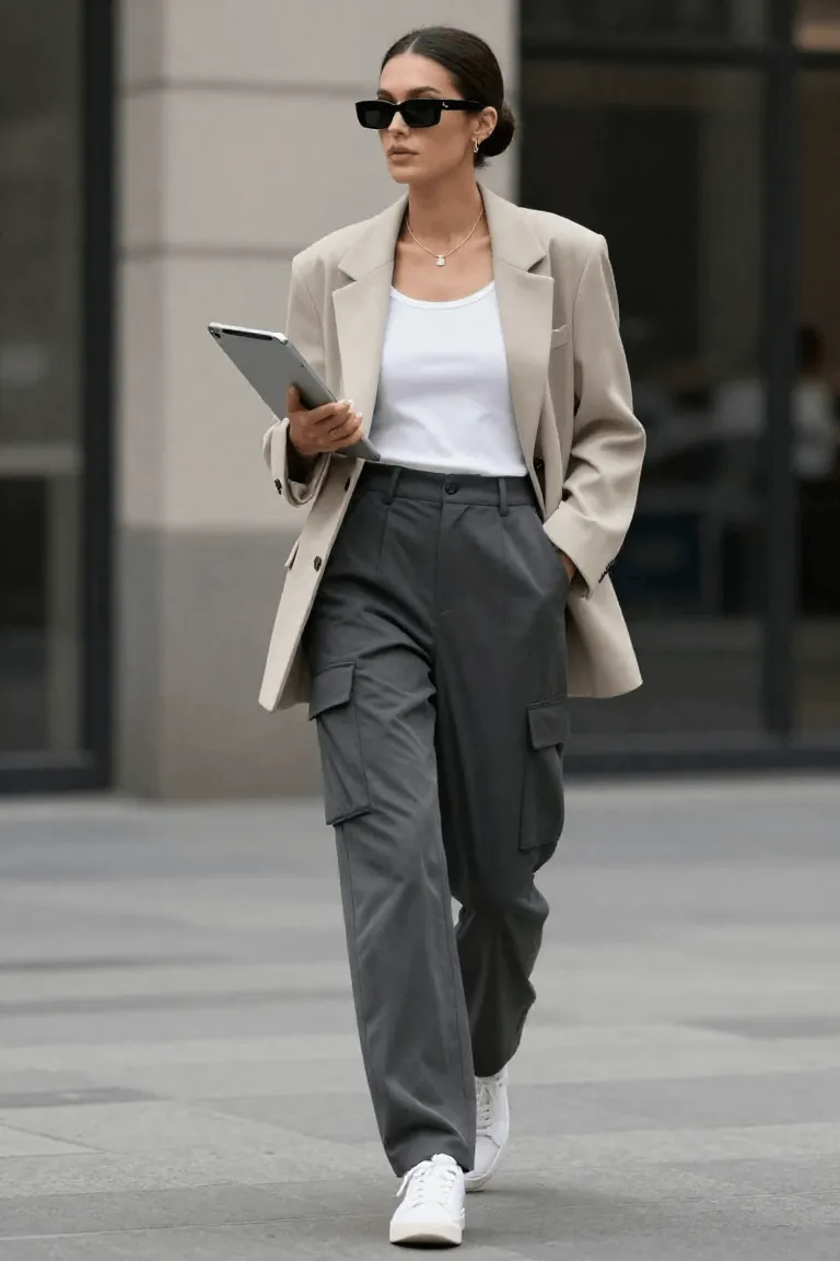 Beige Blazer With Grey Cargo Pants