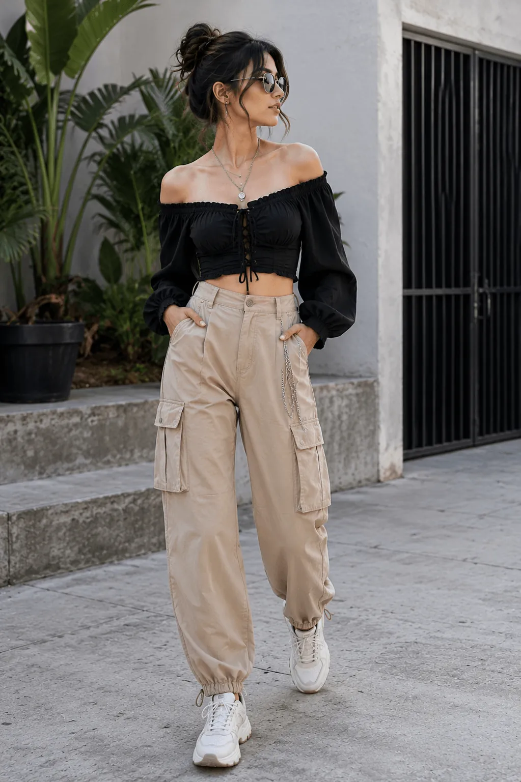 Beige Cargo Jogger Pants with Black Off Shoulder Crop Top Outfit