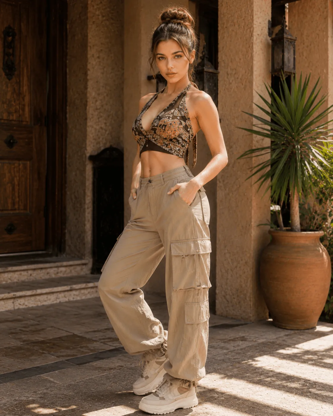 Beige Cargo Pants With Paisley Crop Top