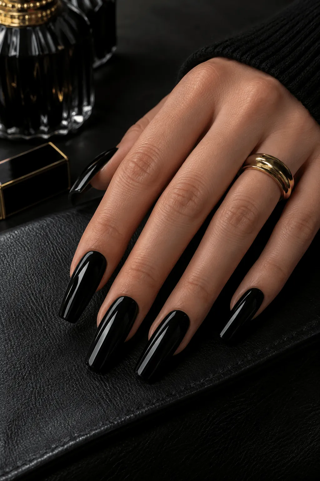 Black Acrylic Nail Ideas Glossy black acrylic nails on long coffin nails