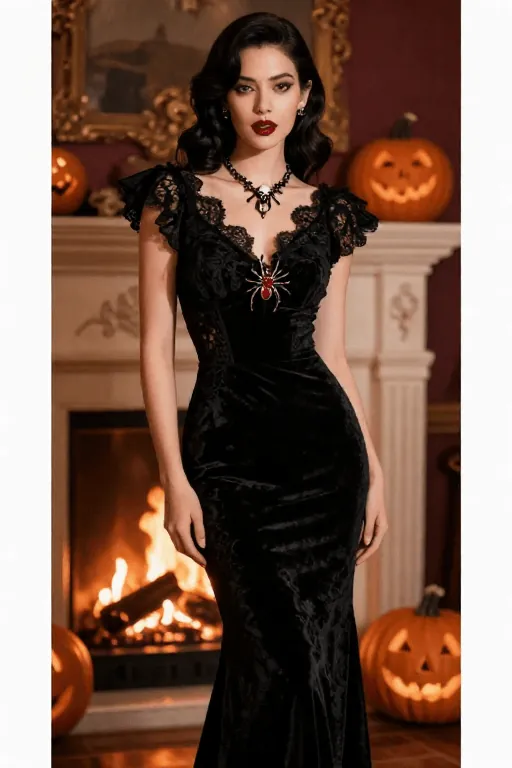 Black Lace Gown With a Spider Brooch and Bat Pendant Black Lace Gown With a Spider Brooch and Bat Pendant