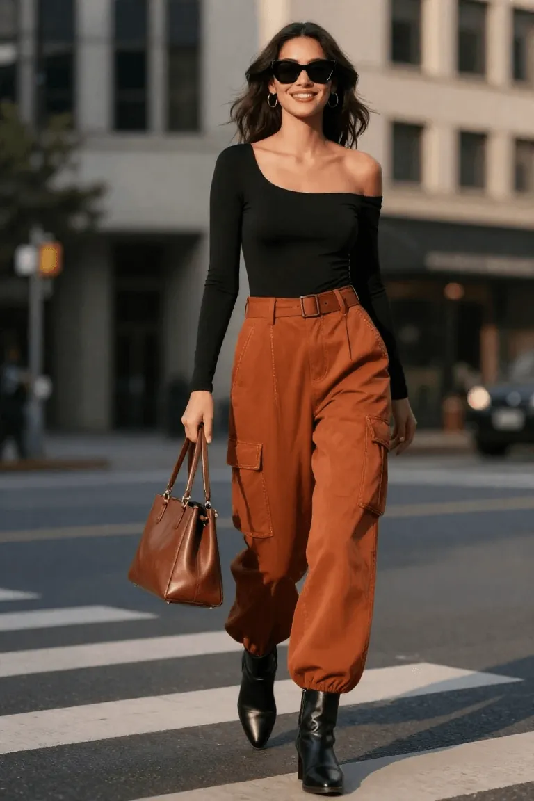 Black Top With Rust Cargo Pants Outfit