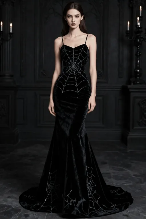 Black Velvet Gown With Spider Web Hem Detail Black Velvet Gown With Spider Web Hem Detail