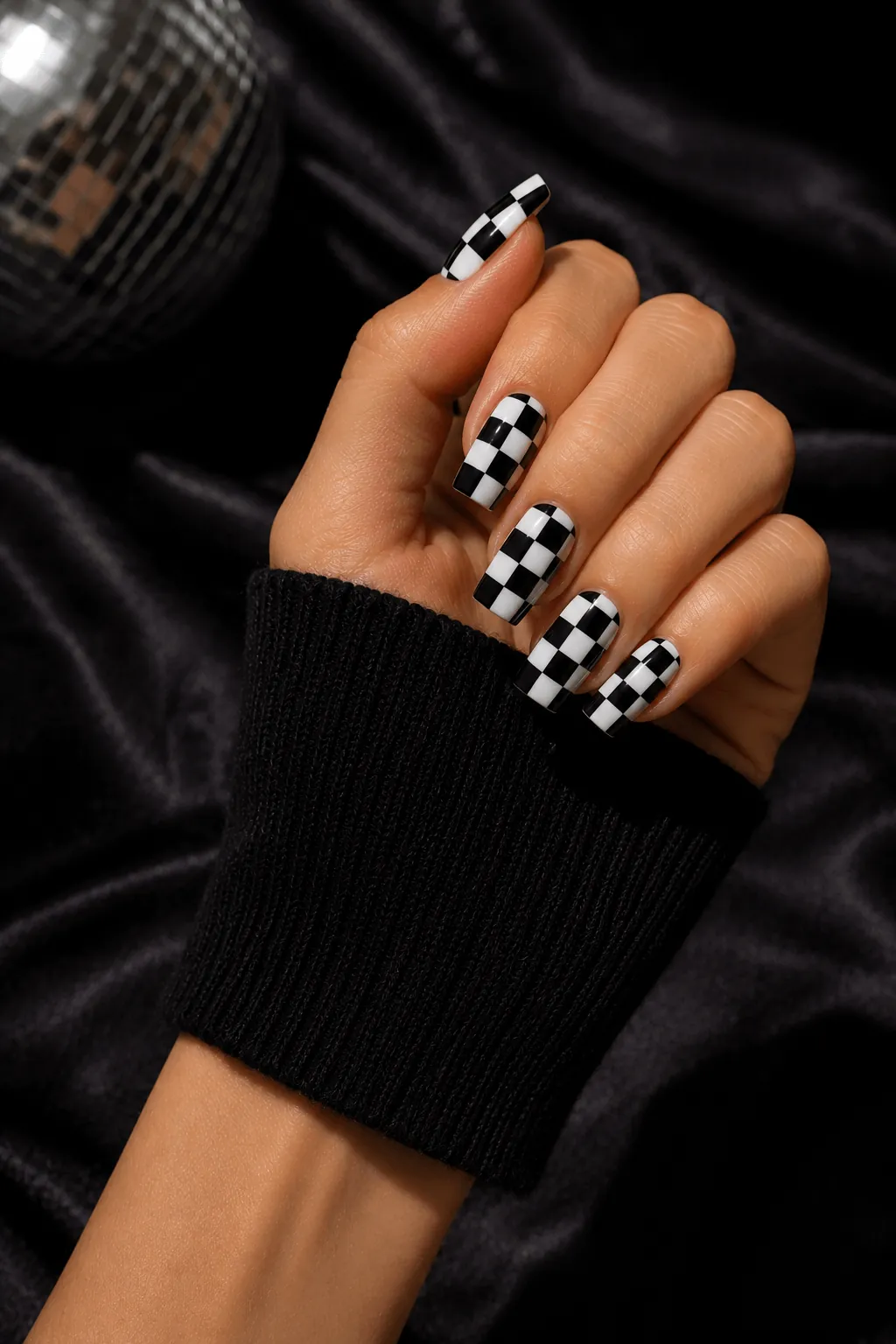 Black and White Halloween Nails in a Checkerboard Pattern Black and White Halloween Nails in a Checkerboard Pattern