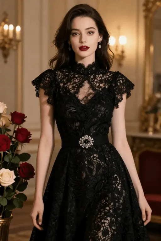 Black lace gothic gown with statement collar Halloween costume Black Lace Gothic Gown With a Statement Collar