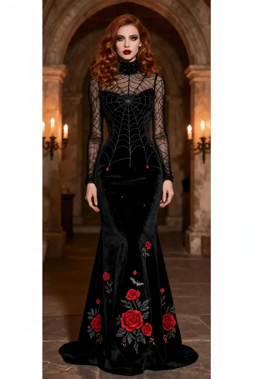 Black velvet gown with spider web and rose embroidery Halloween gown Black Velvet Gown With Rose and Web Embroidery