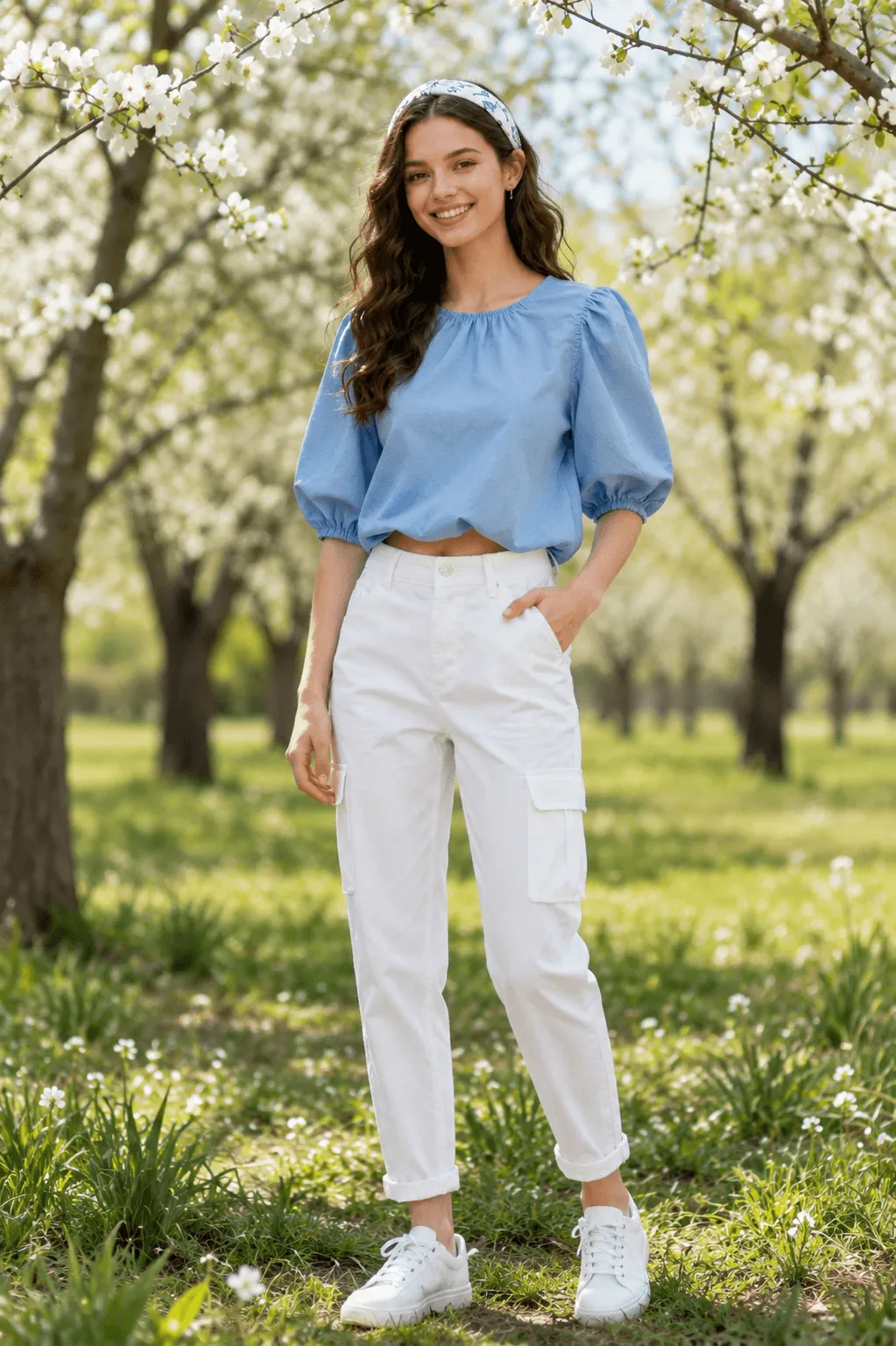 Blue Puff Sleeve Top with White Cargo Pants Spring Outfit