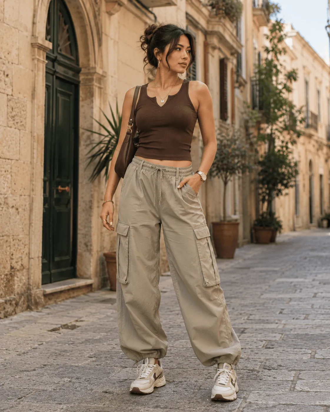 Brown Crop Top with Sage Green Cargo Pants in a Mediterranean Street