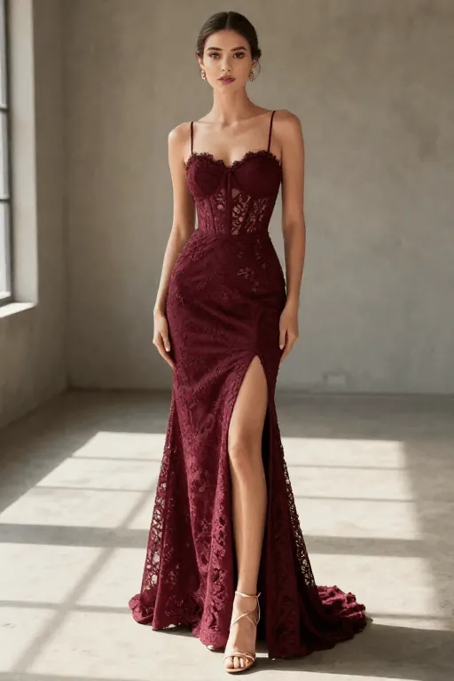 Burgundy lace corset gown with front slit Halloween party dress Burgundy lace corset gown with front slit Halloween party dress