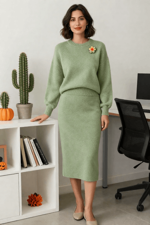 Cactus-Themed Green Outfit With a Flower Pin Cactus-Themed Green Outfit With a Flower Pin