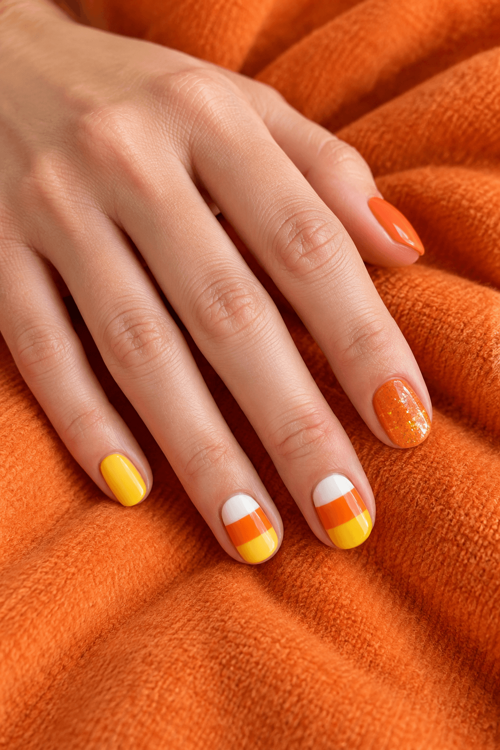Candy corn Halloween nail art in yellow orange and white Candy corn Halloween nail art in yellow orange and white