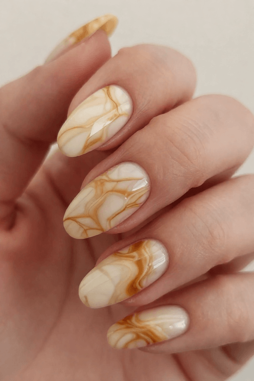 Caramel Marble Swirl Fall Nail Art with a Caramel Marble Swirl