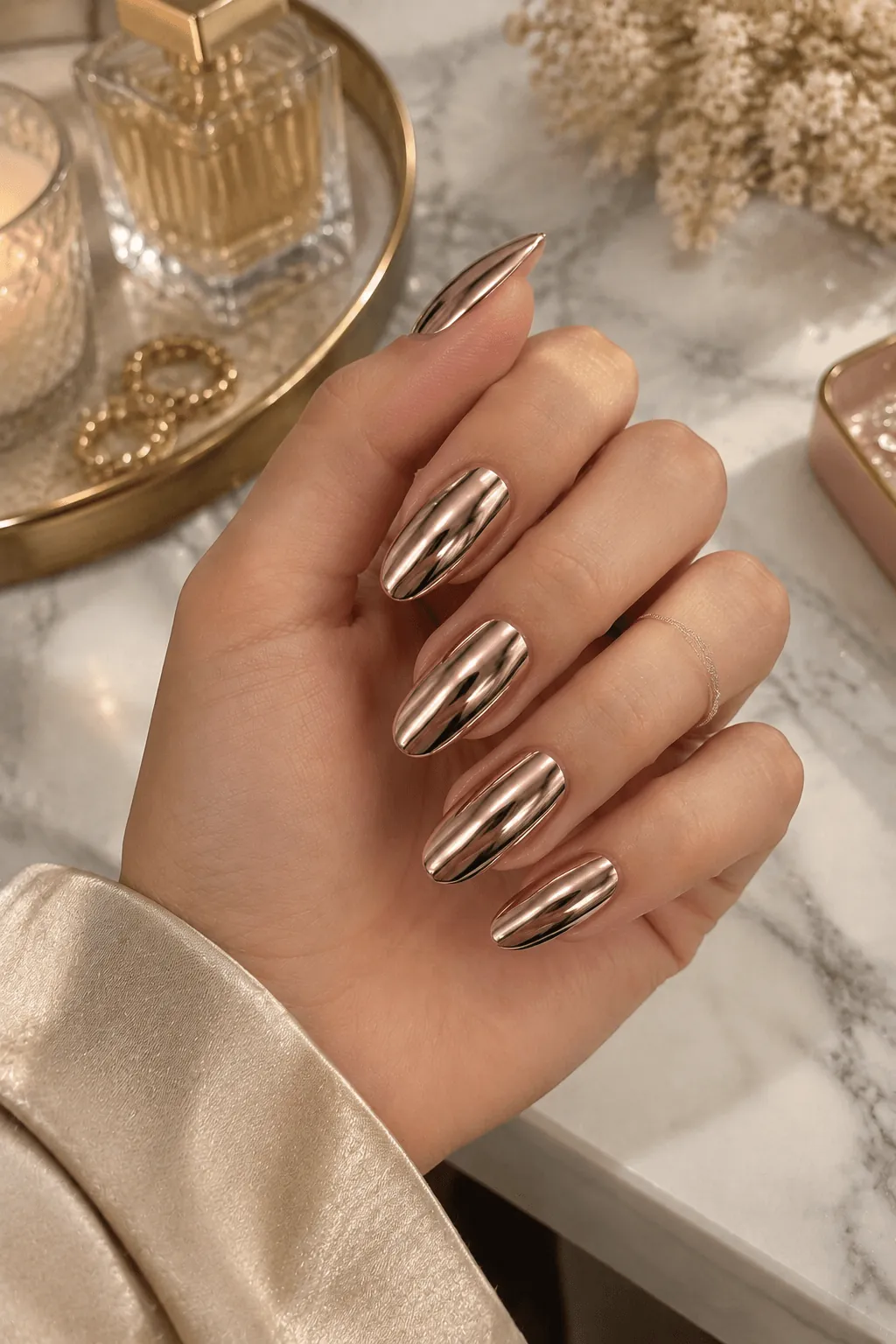 Chrome Gel Nail Ideas Metallic gold chrome gel nails on almond nails