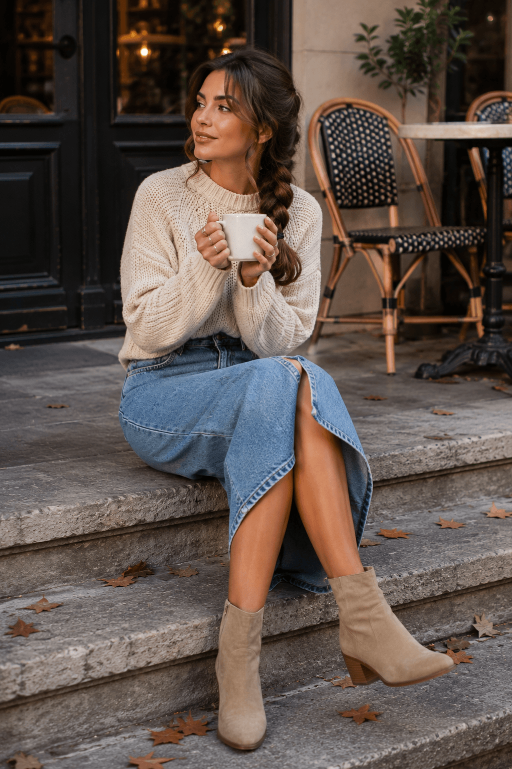 Chunky Knit Sweater With Denim Midi Skirt Chunky Knit Sweater With Denim Midi Skirt