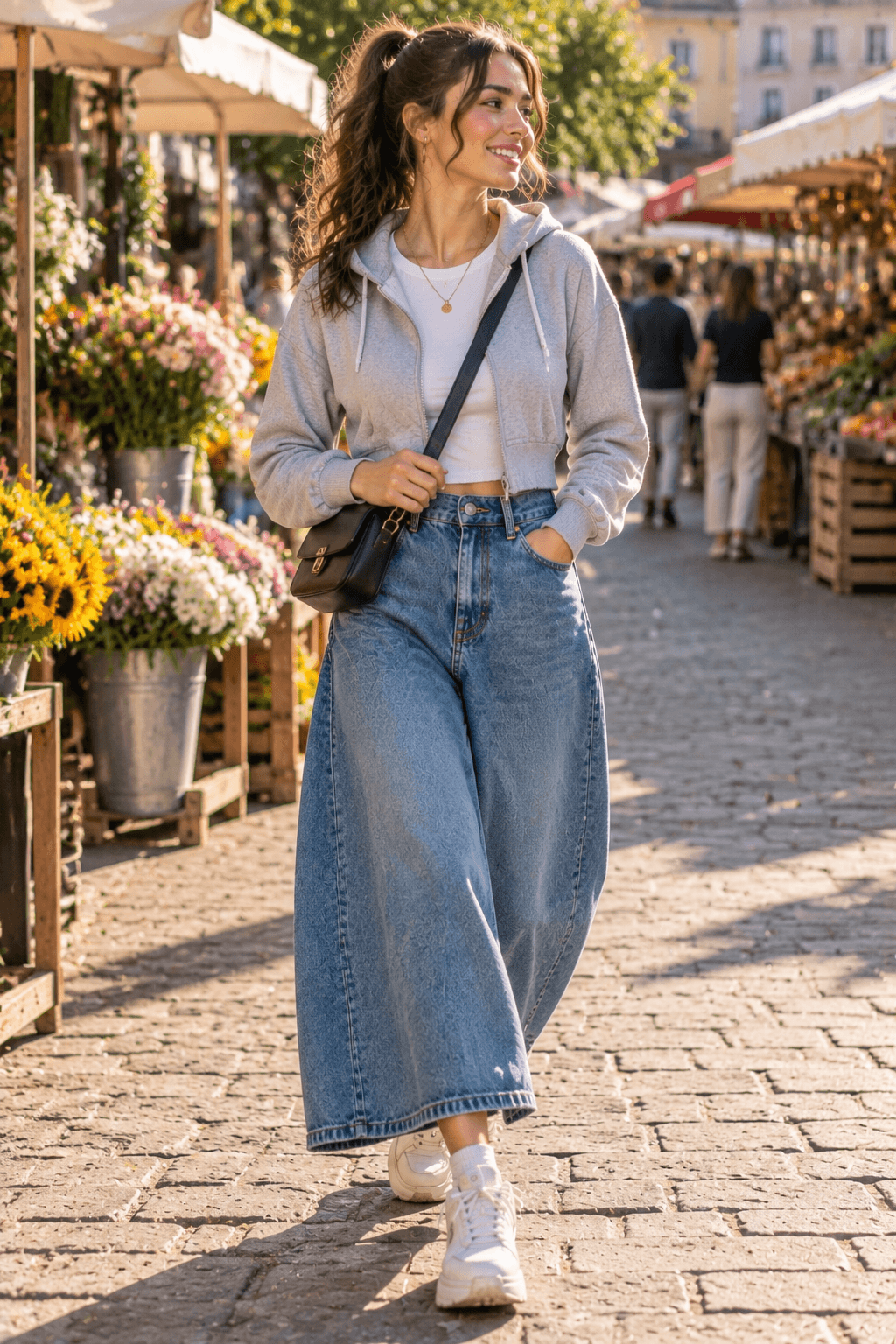 Cropped Hoodie With Oversized Denim Skirt Cropped Hoodie With Oversized Denim Skirt
