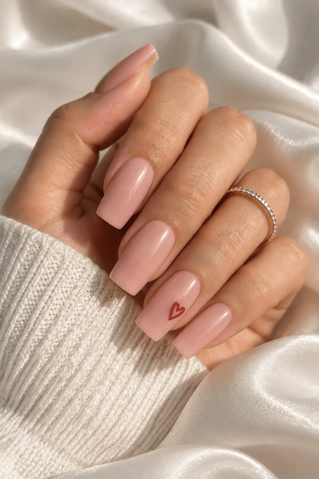 Cute Acrylic Nail Art Ideas Nude acrylic nails with a tiny red heart accent