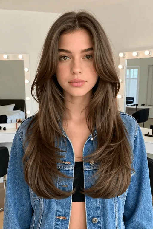Face-Framing Long Layers Long layered haircut with face-framing pieces for thick hair