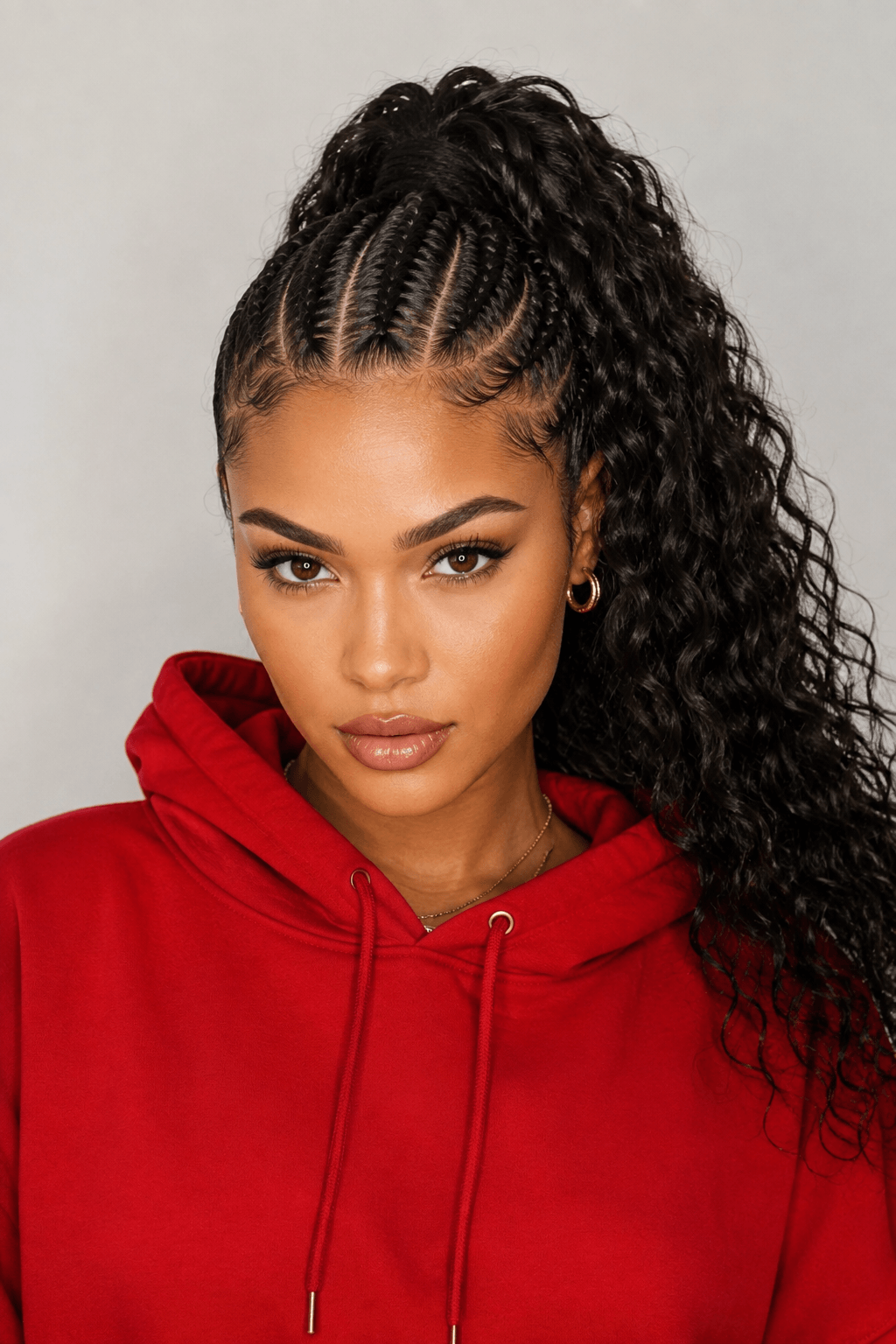 Feed-In Braids into a Curly Ponytail Feed-In Braids into a Curly Ponytail