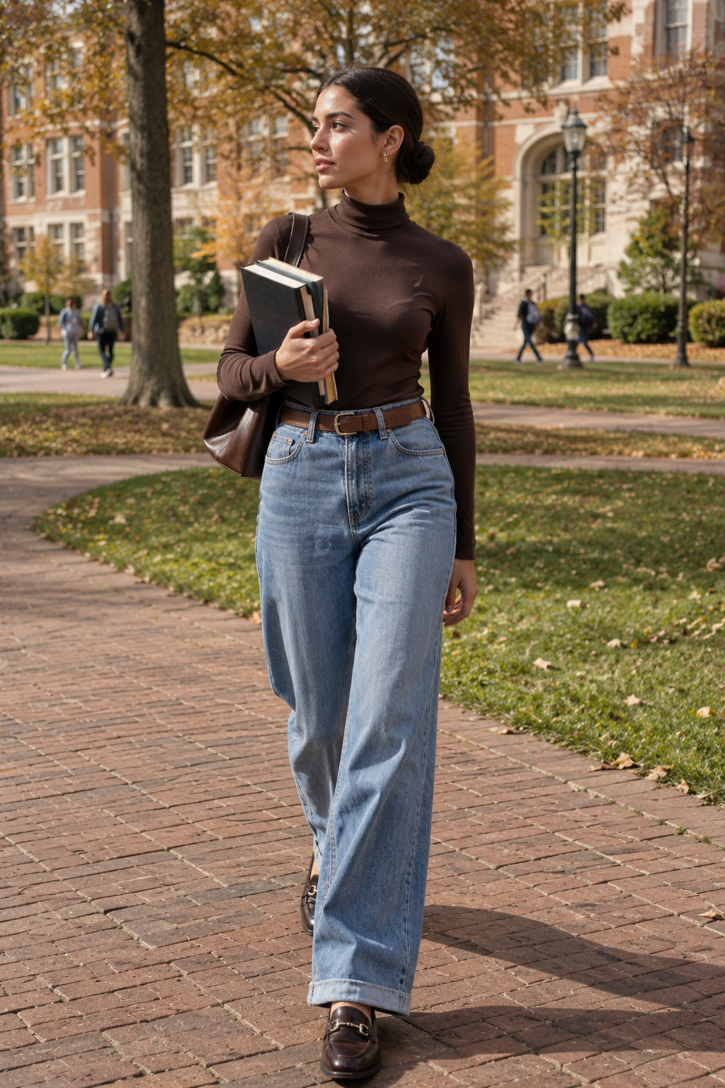 Fitted Turtleneck Tucked Into Wide Leg Jeans With Loafers Fitted Turtleneck Tucked Into Wide Leg Jeans With Loafers