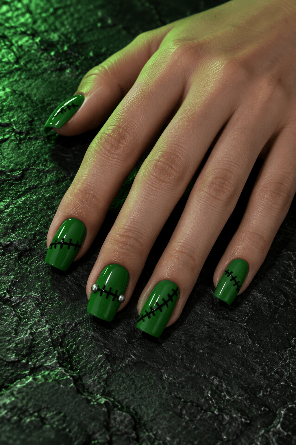 Frankenstein inspired Halloween nail art with green and stitches Frankenstein inspired Halloween nail art with green and stitches