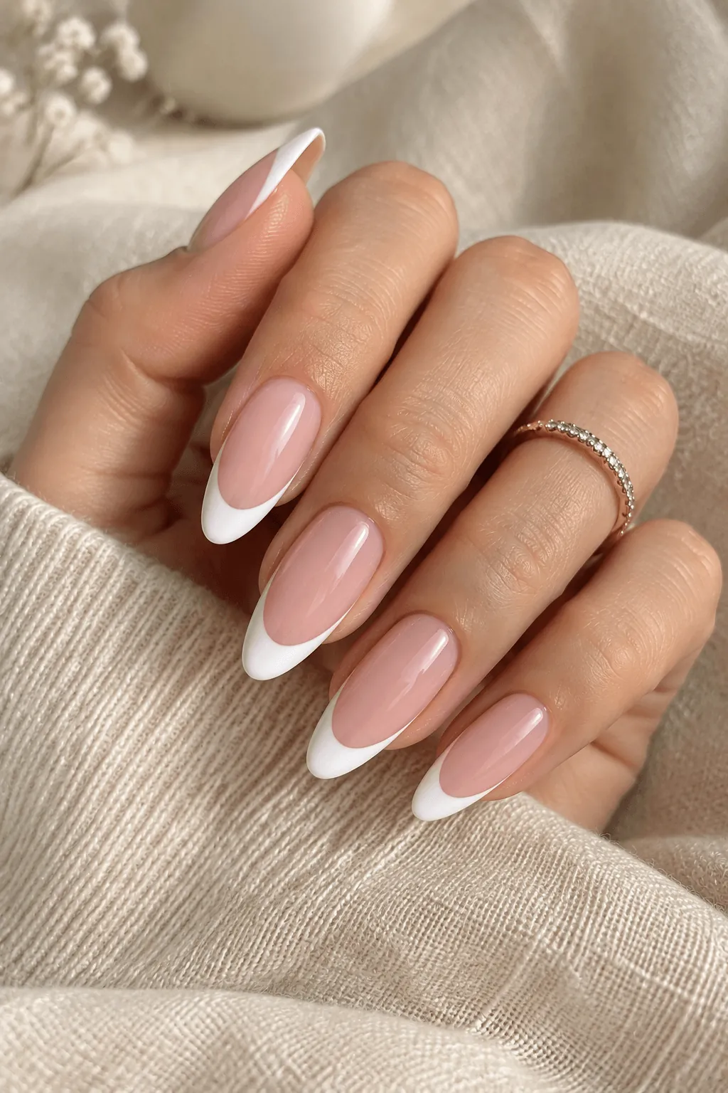 French Manicure on Acrylic Classic white French tip acrylic nails on almond nails