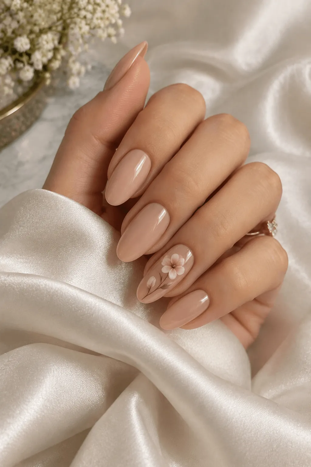 Gel Nail Art Nude gel nails with a hand-painted flower accent nail