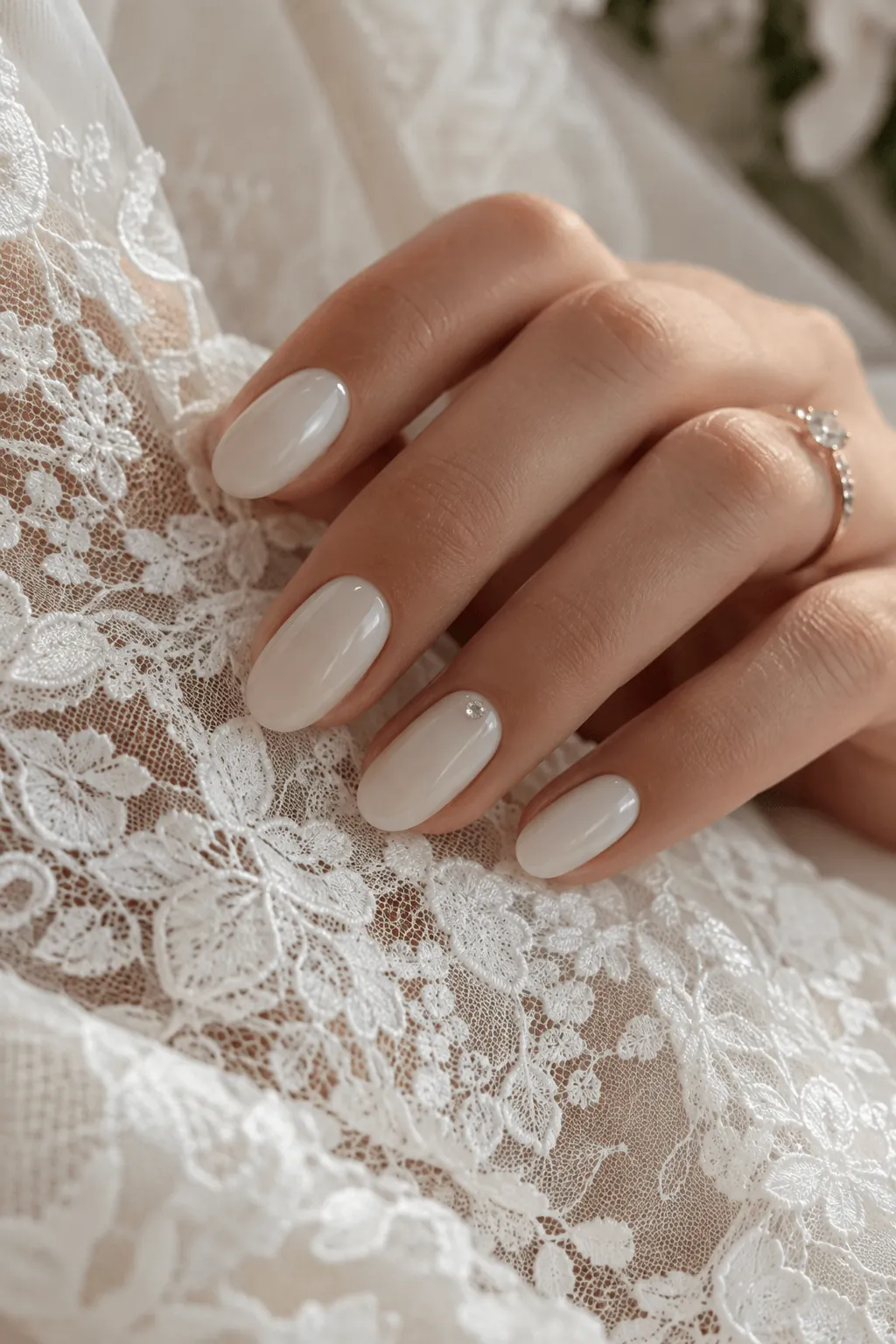 Gel Nail Ideas for a Wedding Milky white gel nails on a soft round shape for a wedding