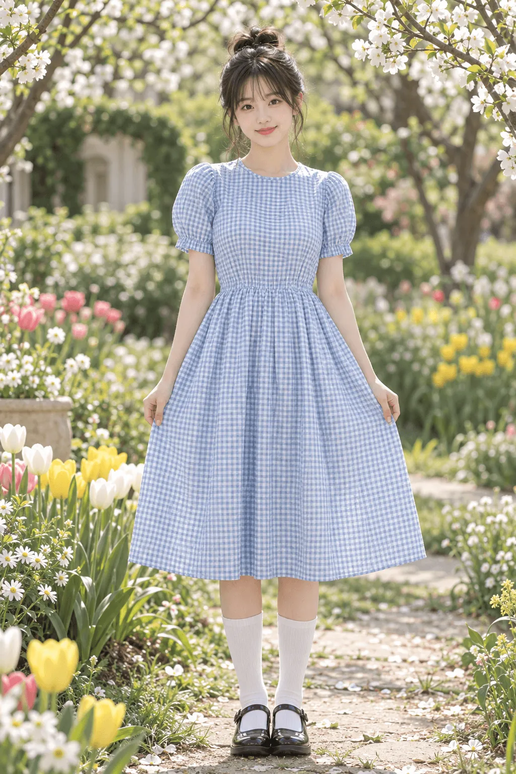 Gingham Dress With Knee High Socks Coquette outfit with a gingham dress, knee high socks, and Mary Janes