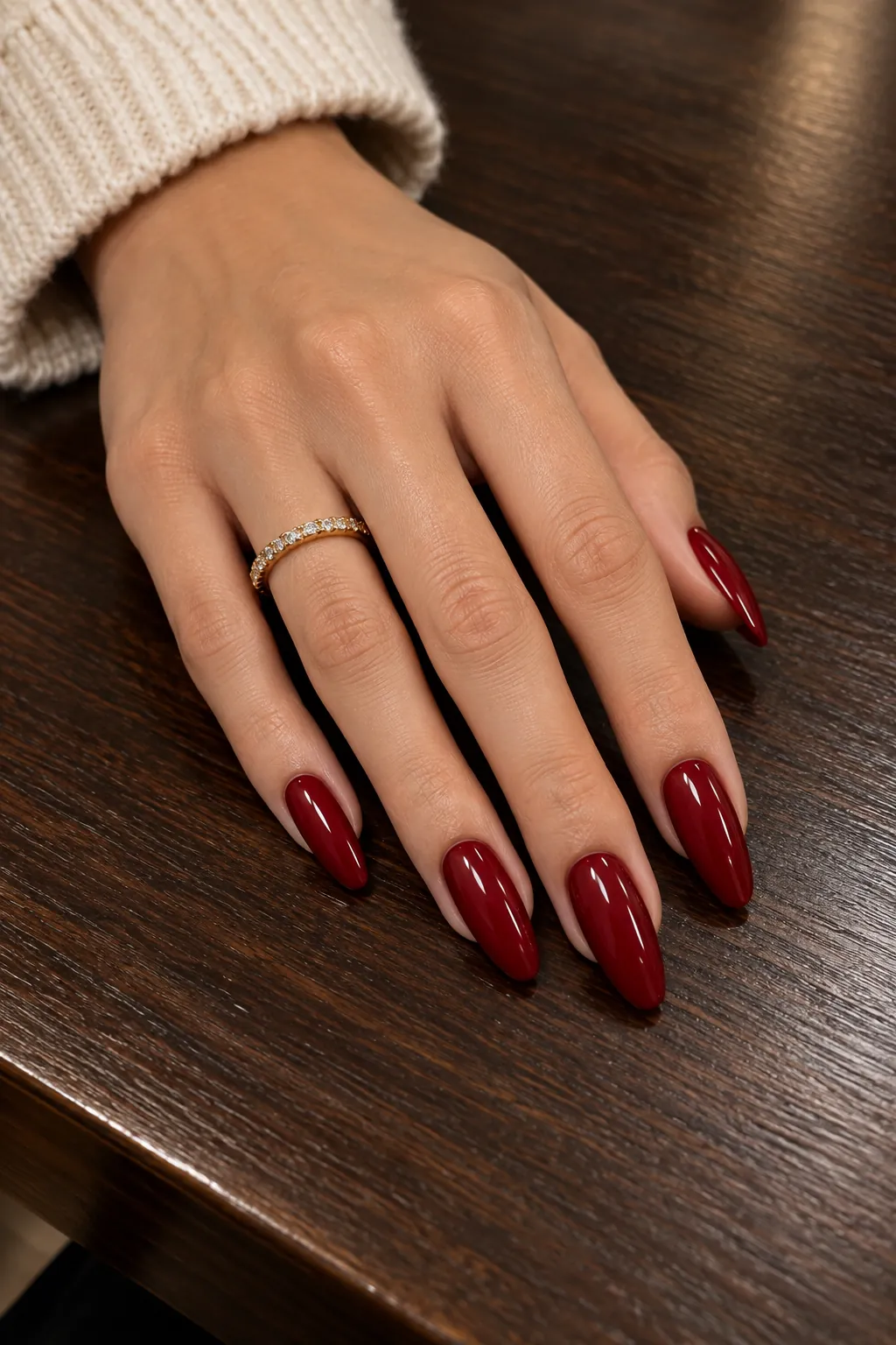 Glossy Gel Nail Glossy deep red gel nails on almond nails