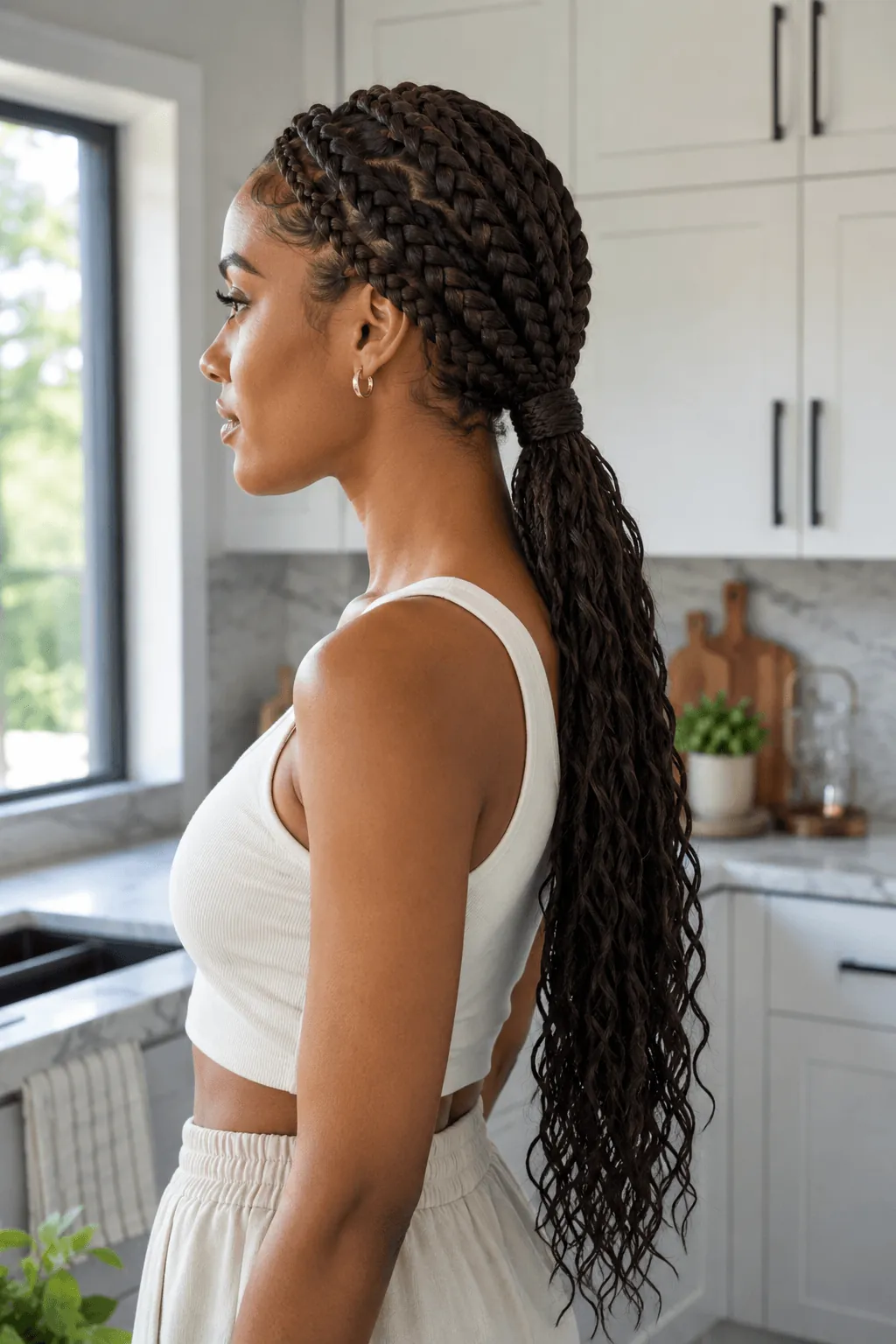 Goddess Braids Into a Low Ponytail
