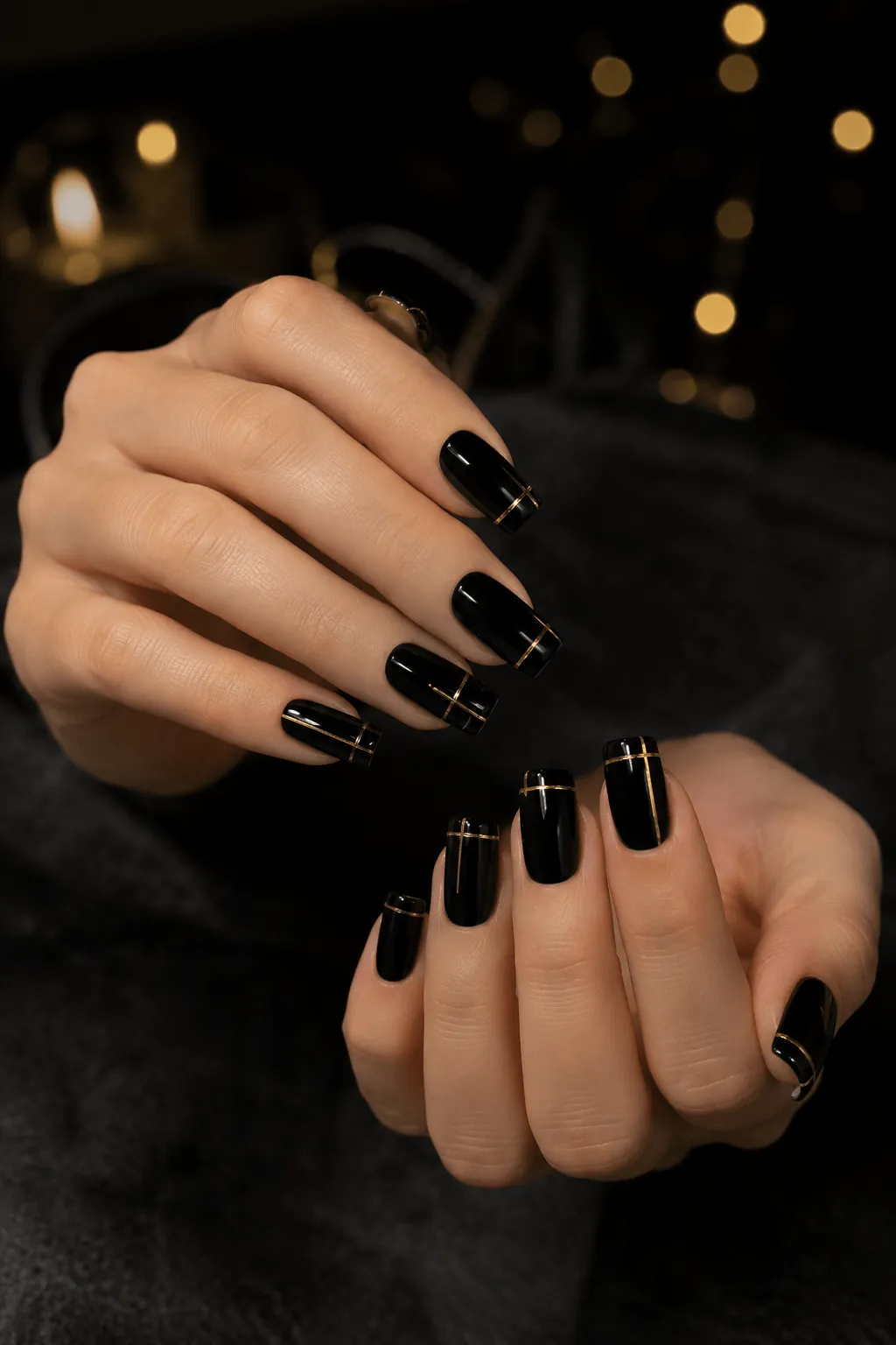 Gold and Black Halloween Nails with a Thin Line Accent Gold and Black Halloween Nails with a Thin Line Accent