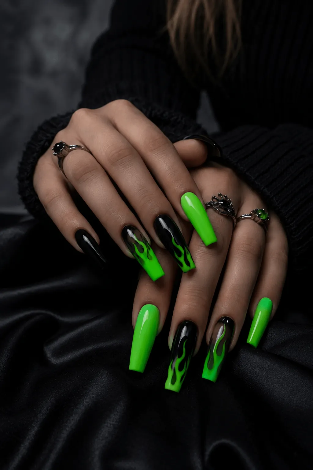 Green and Black Halloween Nails in a Toxic Combo Green and Black Halloween Nails in a Toxic Combo
