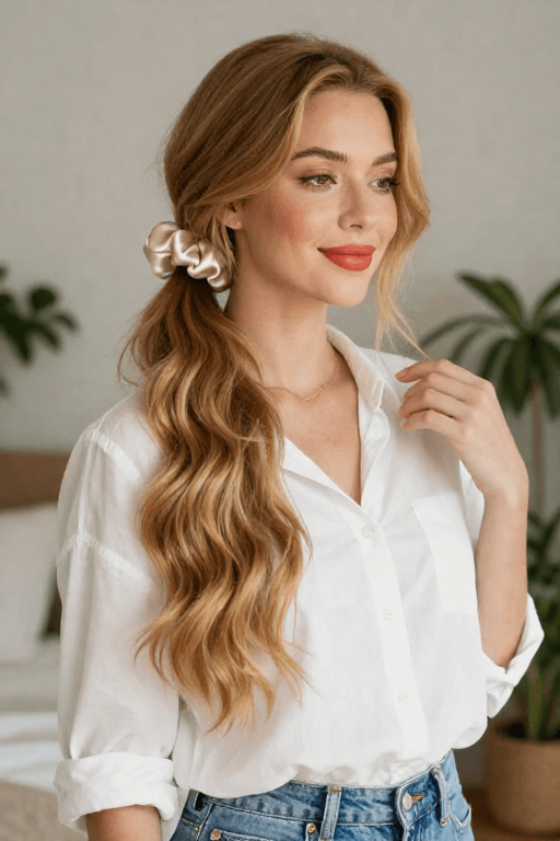 Half Up Hairstyle With Scrunchie Half Up Hairstyle With Scrunchie