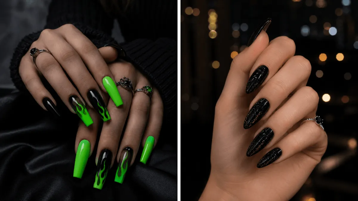 Halloween nail colors for 2026 in black, purple and red