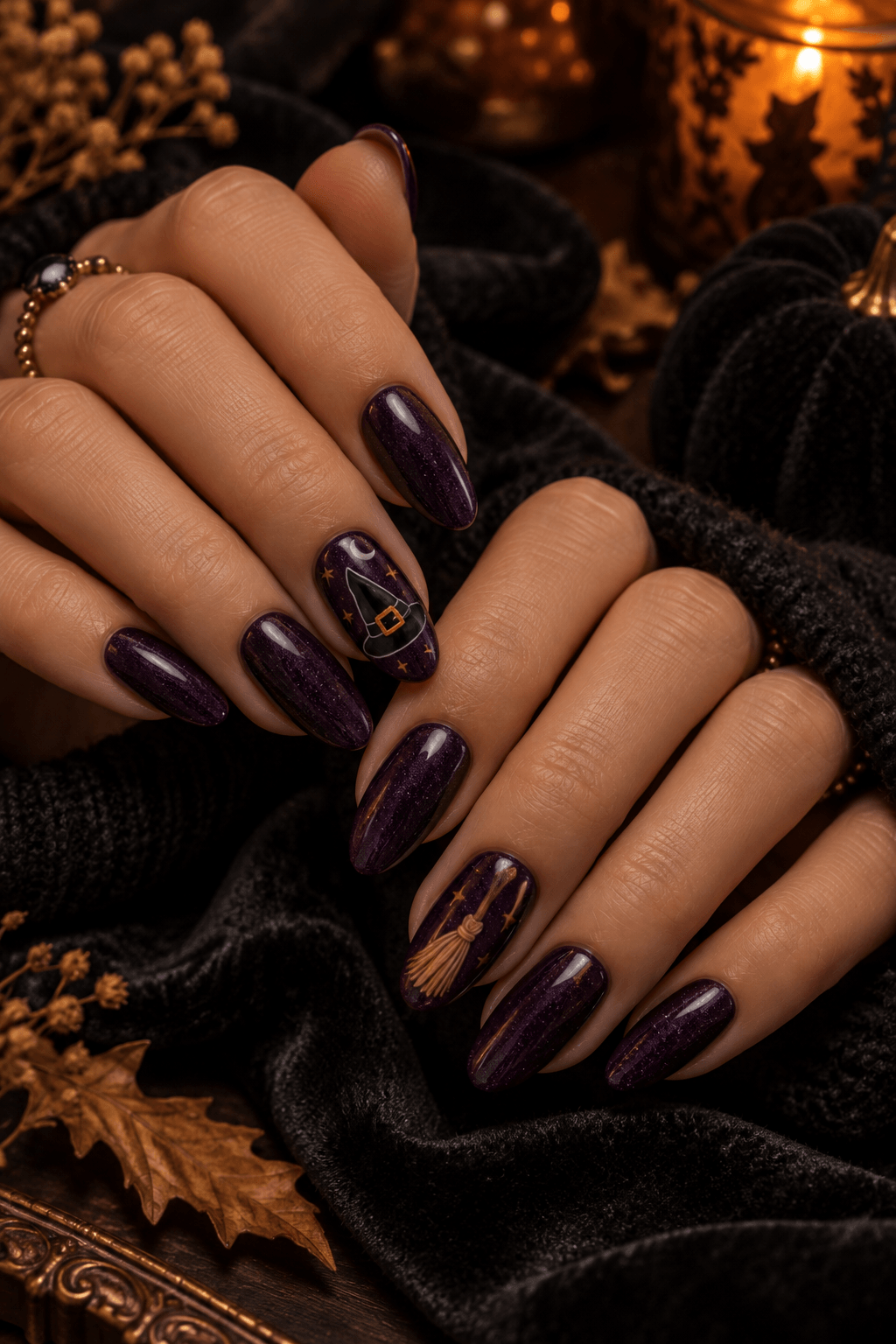 Halloween nail art with a witch hat and broom design Halloween nail art with a witch hat and broom design