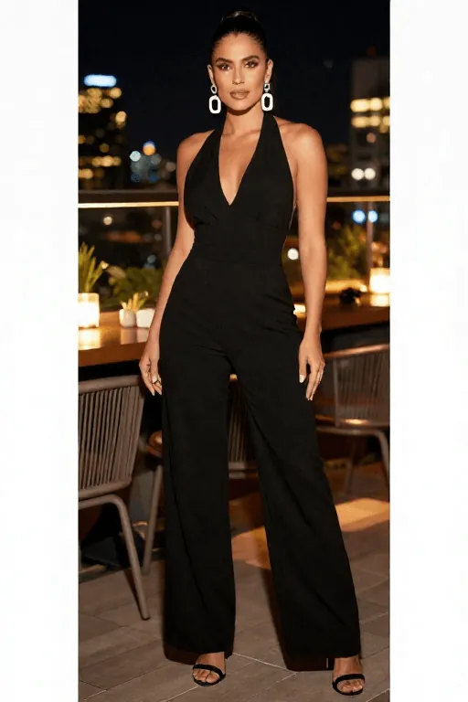 Halter Jumpsuit With Statement Earrings Halter jumpsuit with statement earrings clubbing outfit
