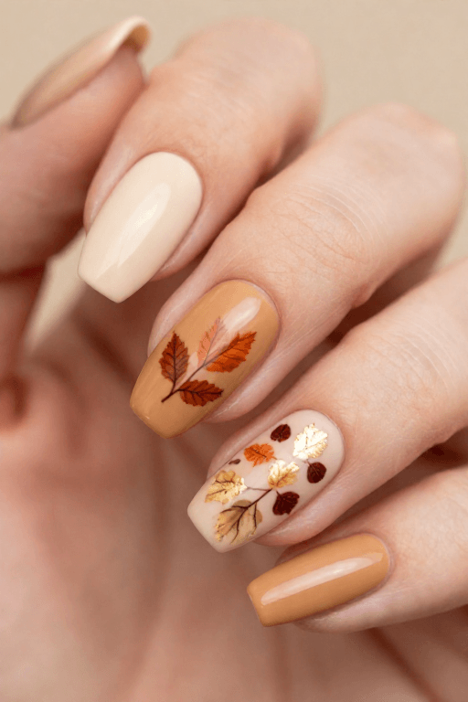Hand-Painted Fall Leaves Fall Nail Art with Hand-Painted Leaves