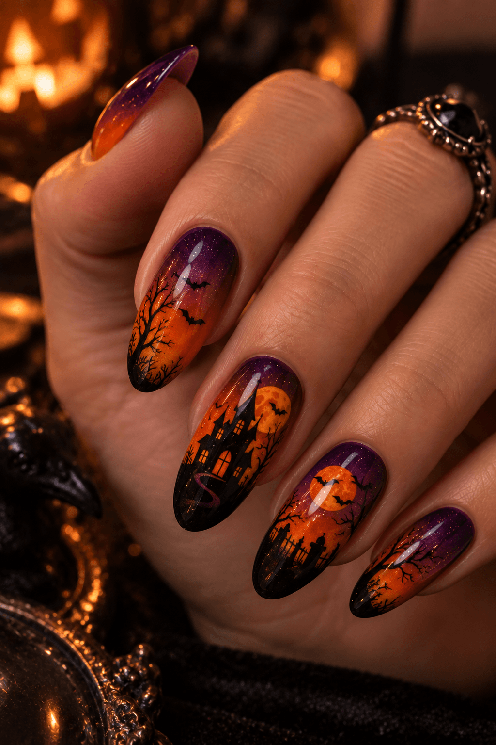Haunted house silhouette Halloween nail art with lit windows Haunted house silhouette Halloween nail art with lit windows