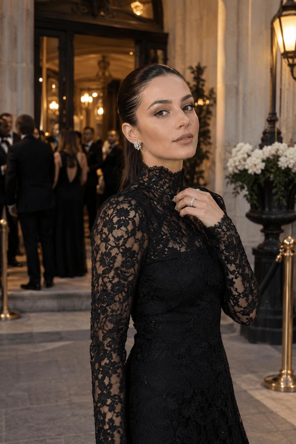 High Neck Lace Dress With Sleek Hair