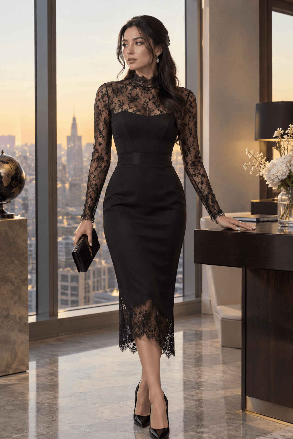 High Neck Lace Sleeve Midi Dress With Pointed Heels