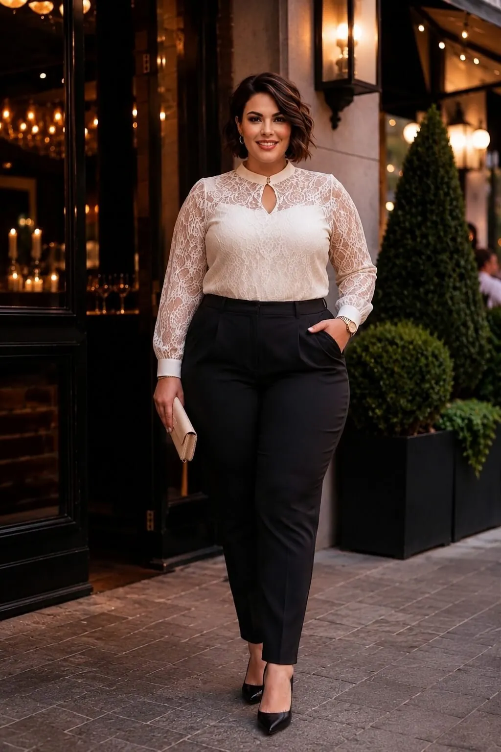 Ivory Lace Blouse with Pleated Black Trousers Ivory Lace Blouse with Pleated Black Trousers