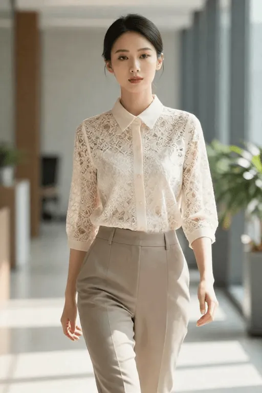 Lace Collar Blouse With Tailored Trousers Coquette outfit with a lace collar blouse and tailored trousers