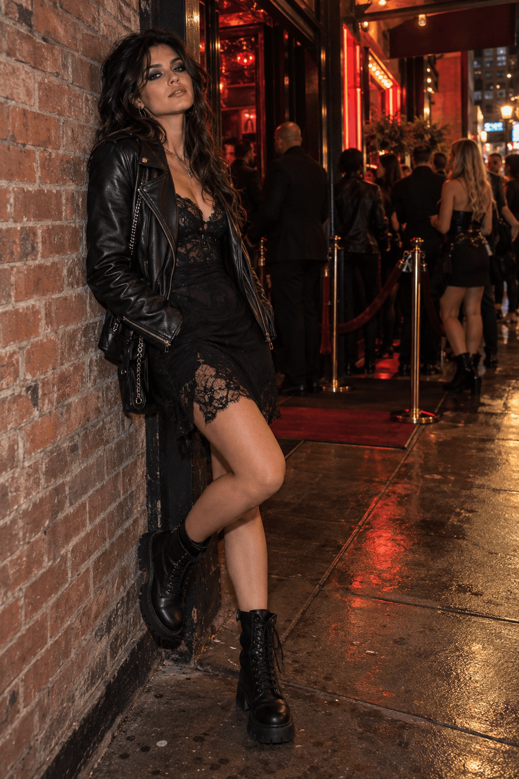 Lace Dress With a Leather Jacket