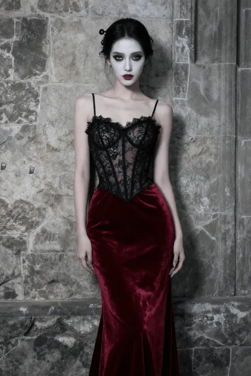 Lace and Velvet Gothic Gown Black Lace Bustier With a Red Velvet Mermaid Skirt