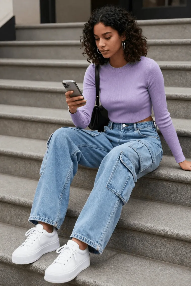 Lavender Top With Denim Cargo Pants